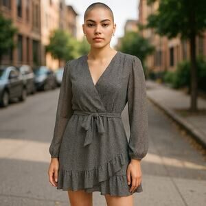 1.STATE Long Sleeve Ruffle Hem Wrap Dress Black/White Dot Pattern Size 8